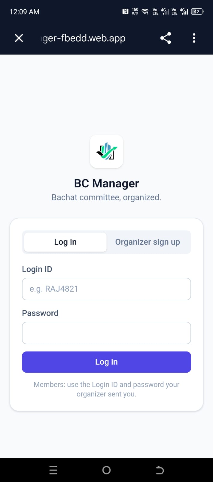 BC Manager app screenshot showing a bachat committee dashboard